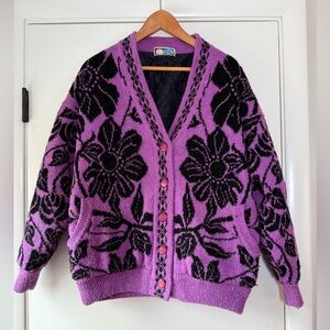 Vintage Lung Kong Cardigan Sweater Jacket Lilac Purple Black Quilted Floral XL